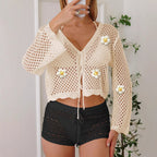 Women Lace up Cardigan Hollow Out Cutout out Woven Shirt Embroidered Floral Stitching Beach Sun Protection Long Sleeved Blouse Casual Coat