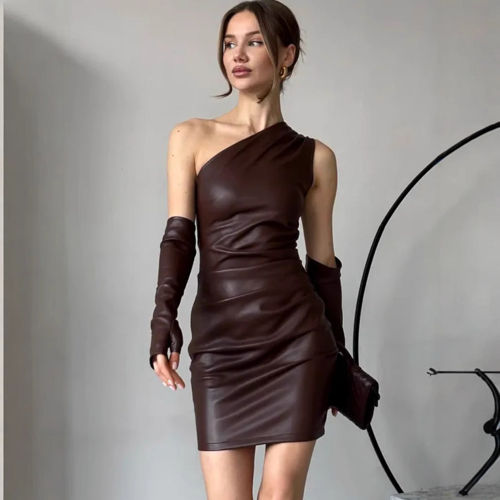 Women's Faux Leather Dress Street Hipster Women Clothing Diagonal Collar Sleeveless Oversleeve Tight Waist Sheath Dress