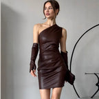 Women's Faux Leather Dress Street Hipster Women Clothing Diagonal Collar Sleeveless Oversleeve Tight Waist Sheath Dress