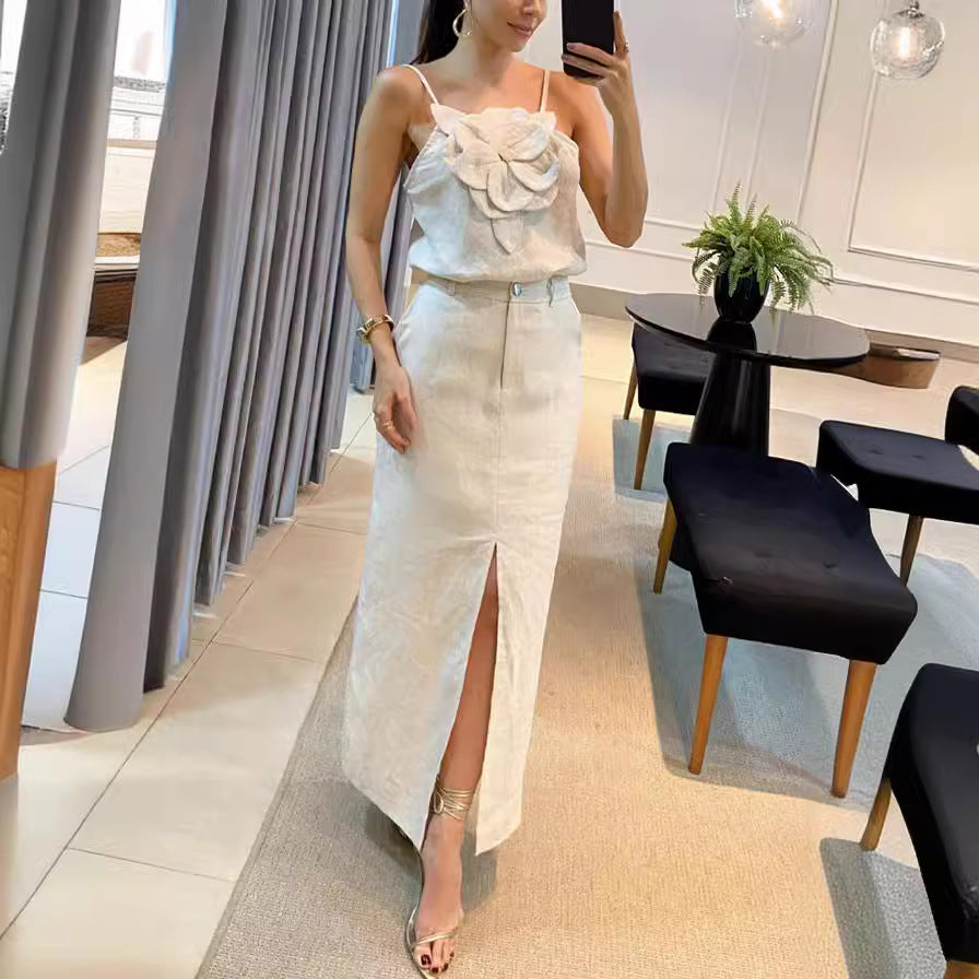 Three Dimensional Floral Strap Top Pocket Skirt Cotton Linen Set