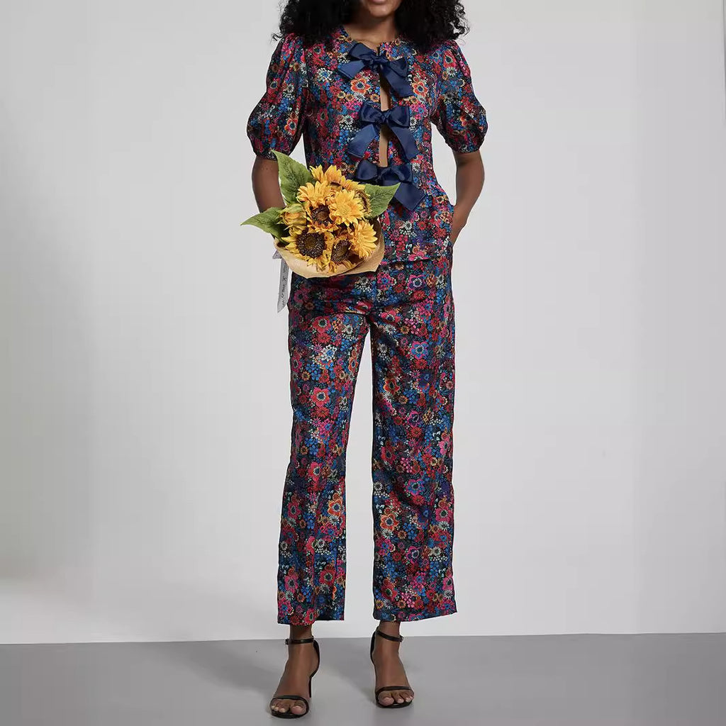 Pastoral Set Bow Tie Shoulder Floral Puff Sleeve Top Trousers