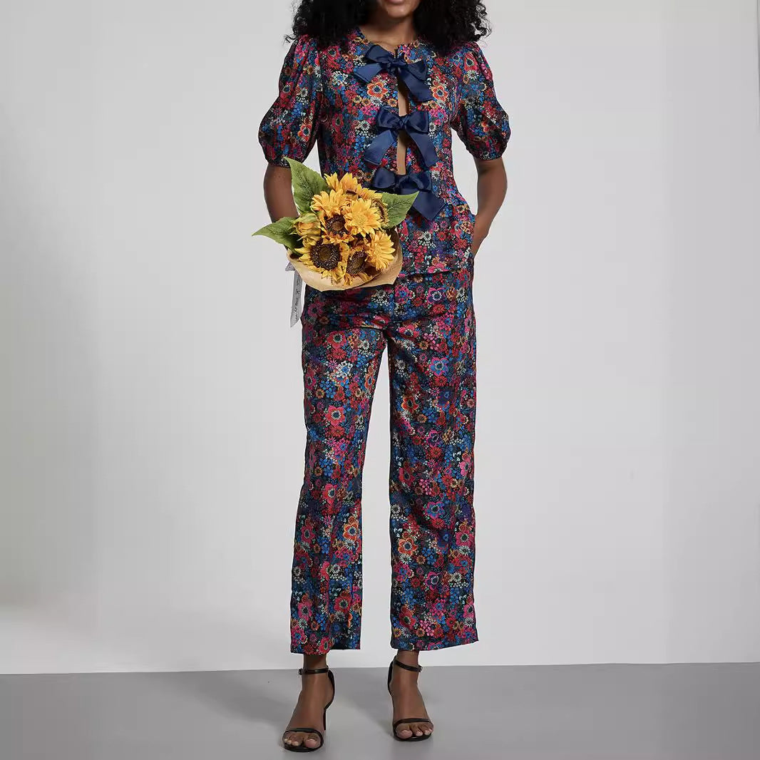 Pastoral Set Bow Tie Shoulder Floral Puff Sleeve Top Trousers