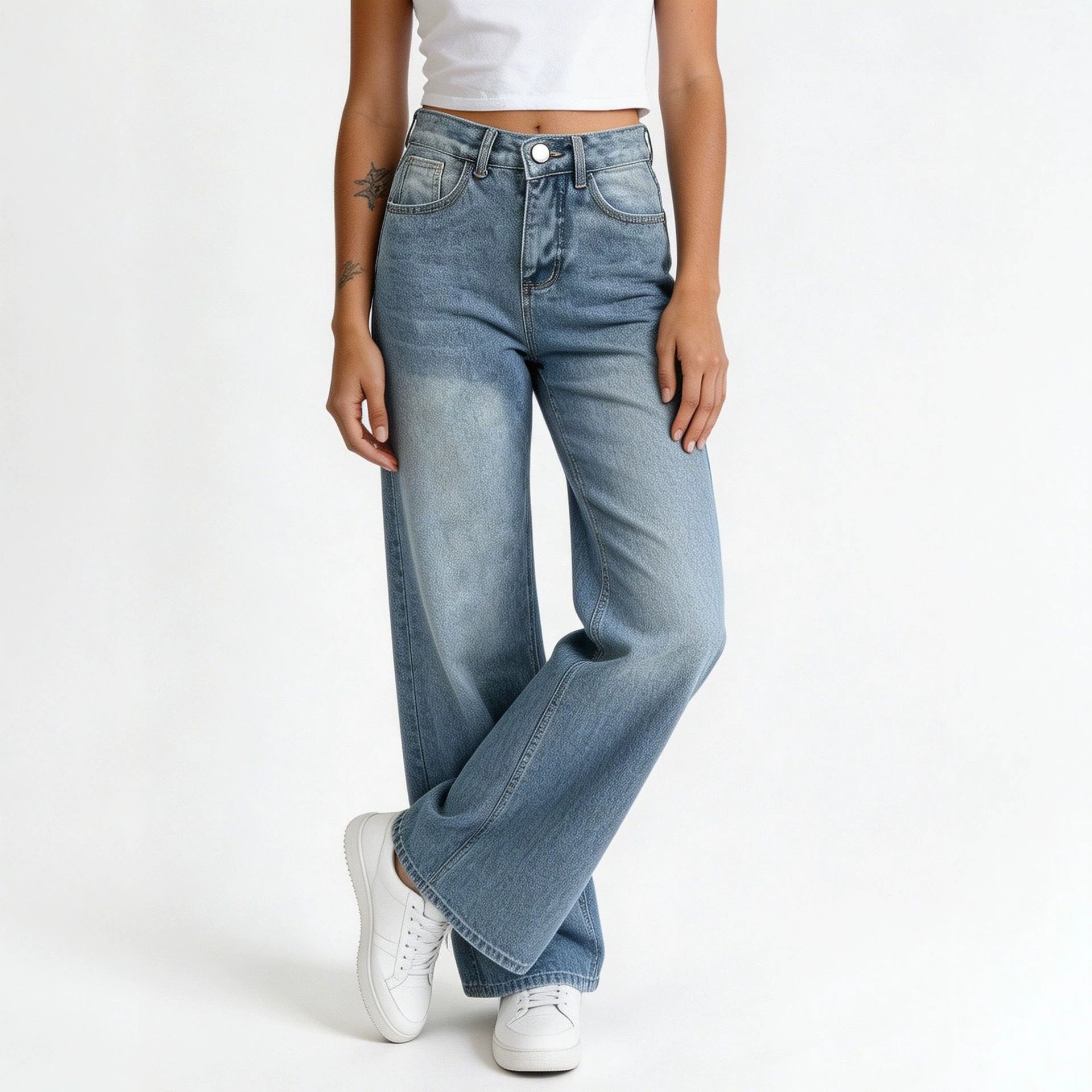 Retro Loose High Waist Wide Leg Straight Women Denim Pants