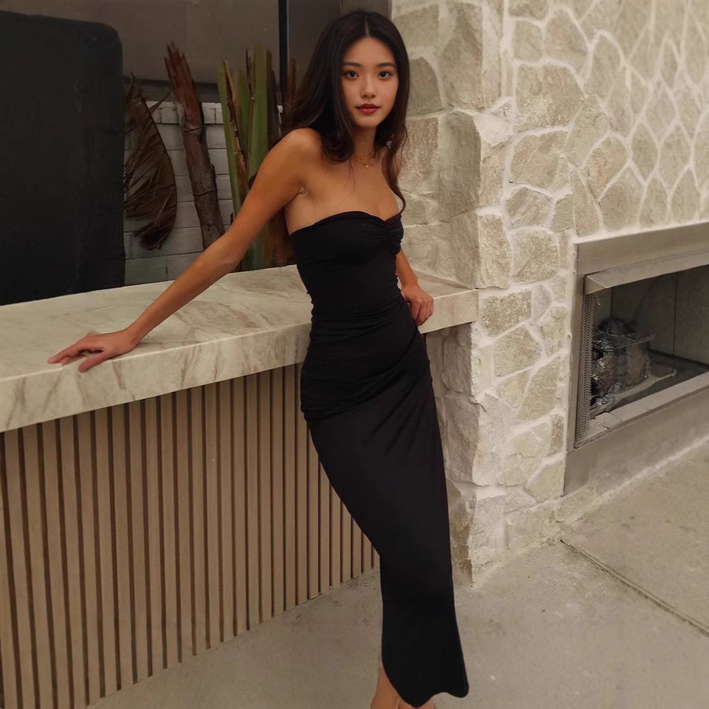Sweetheart Ruched Side-Slit Maxi Dress
