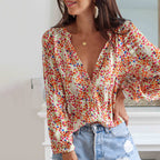 Women's Low V-Neck Pullover Shirt Loose Long Sleeve Bohemian Shirt