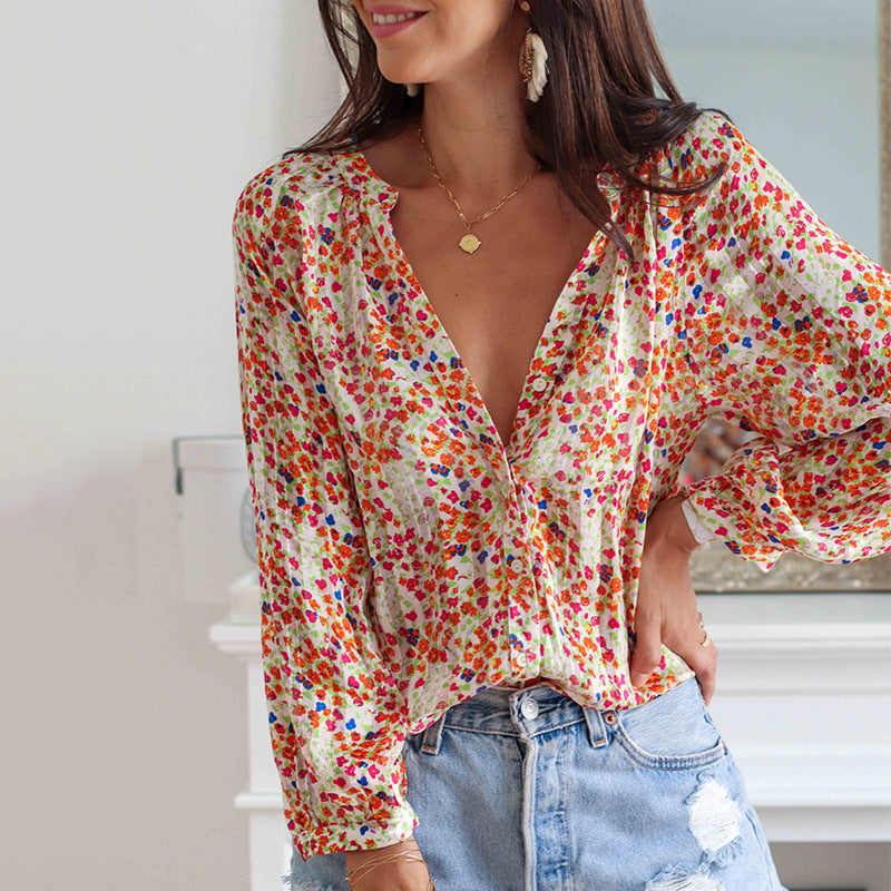 Women's Low V-Neck Pullover Shirt Loose Long Sleeve Bohemian Shirt