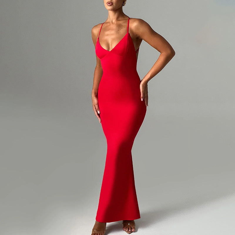 V-Neck Backless Ruched Bodycon Maxi Dress