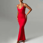 V-Neck Backless Ruched Bodycon Maxi Dress