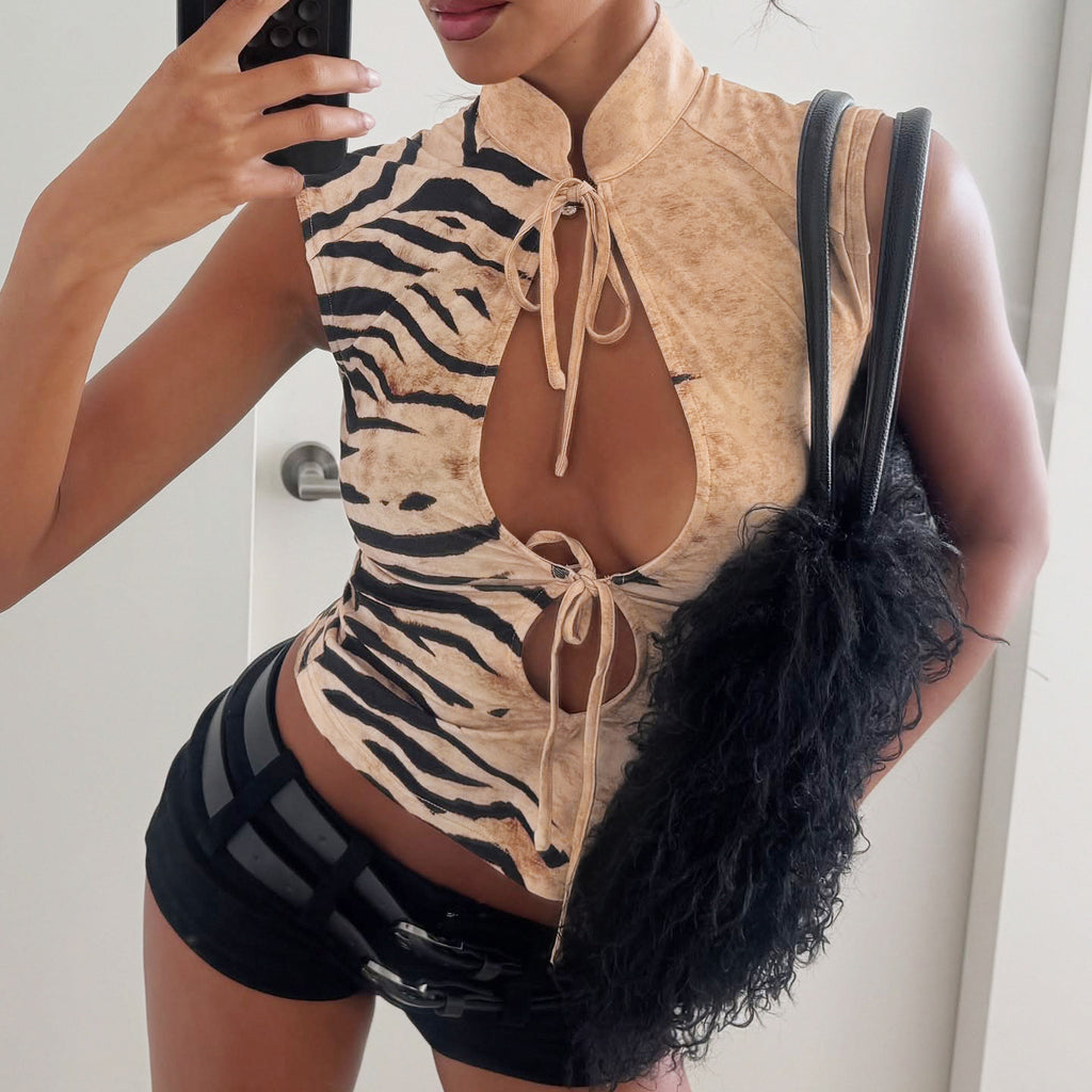 Women's Animal Print Stand Collar Cutout Top