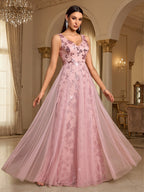 Pink sleeveless sequin evening dress with V-neck, fitted waist, and layered full skirt.