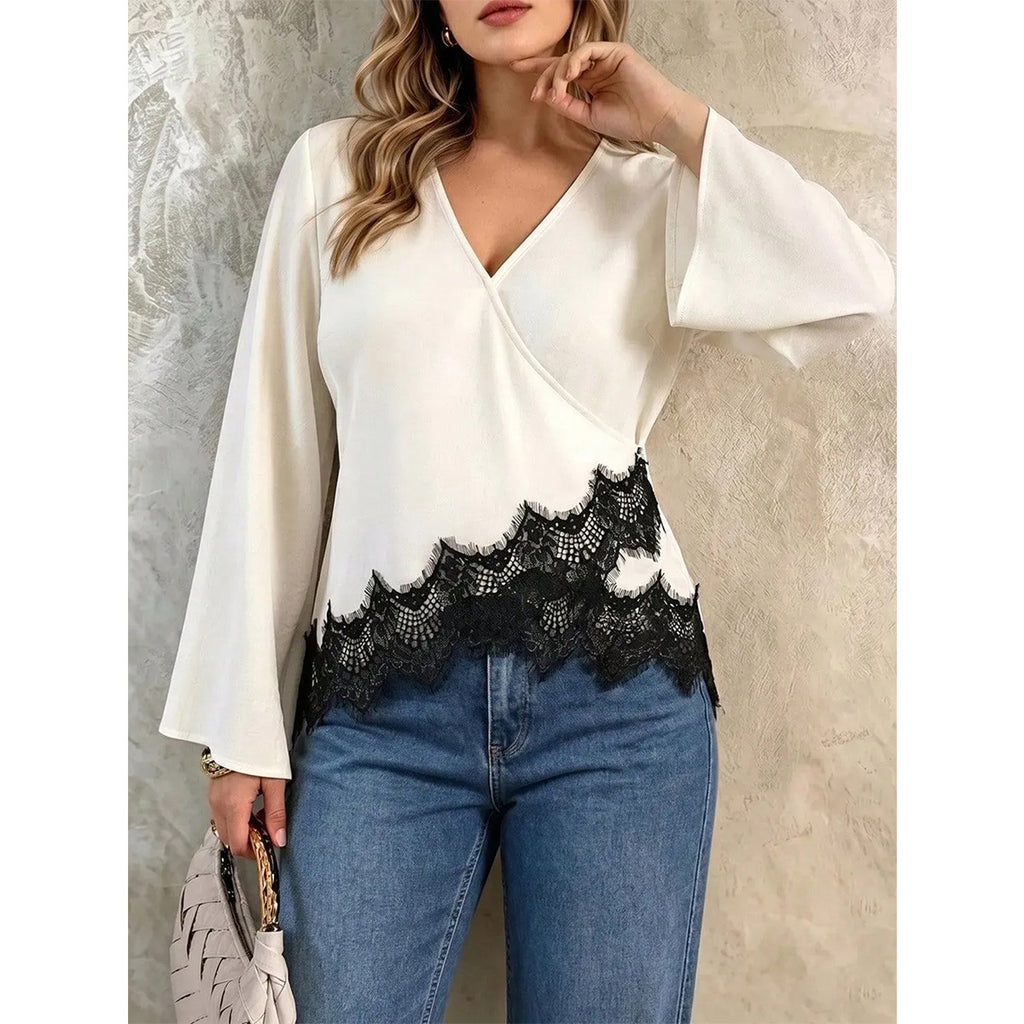 Plus Size V neck Cross Bell Sleeve Top Contrast Color Lace Stitching