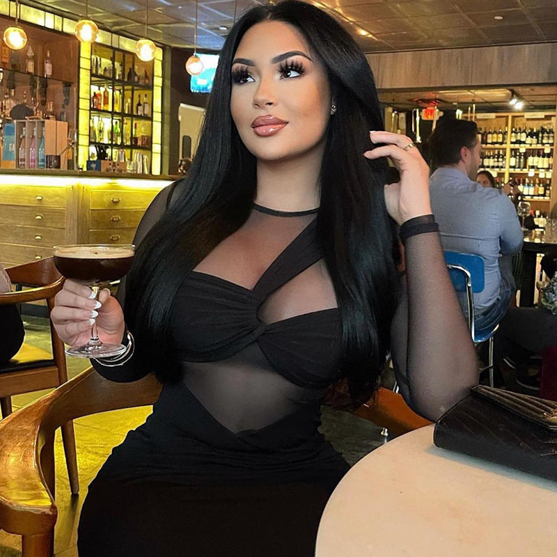 Women's Mesh Long Sleeve Bodycon Midi Dress