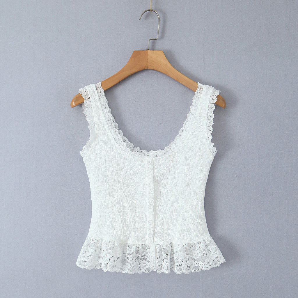 's Lace Splicing Sling Vest Pure Waist Lace Short Top