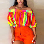 Women's Summer Women Off Shoulder Off Neck Loose Top Batwing Sleeve Short Sleeve Top