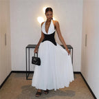 Halter V Neck Stitching Color Matching Waist Maxi Dress
