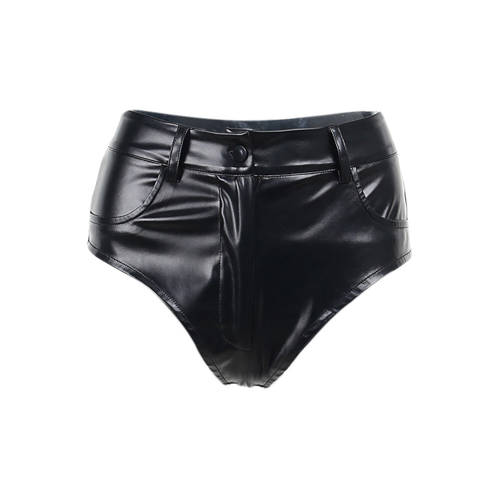 Leather High Waist Hip Faux Base Elasticity Shorts