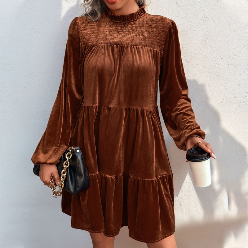's Solid-Color Velvet Long-Sleeve Dress