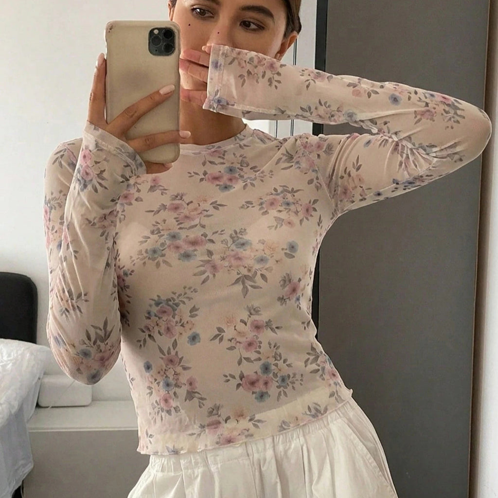 Autumn Printed Long Sleeve Mesh T shirt Top Women Bottoming