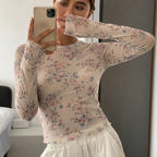 Autumn Printed Long Sleeve Mesh T shirt Top Women Bottoming