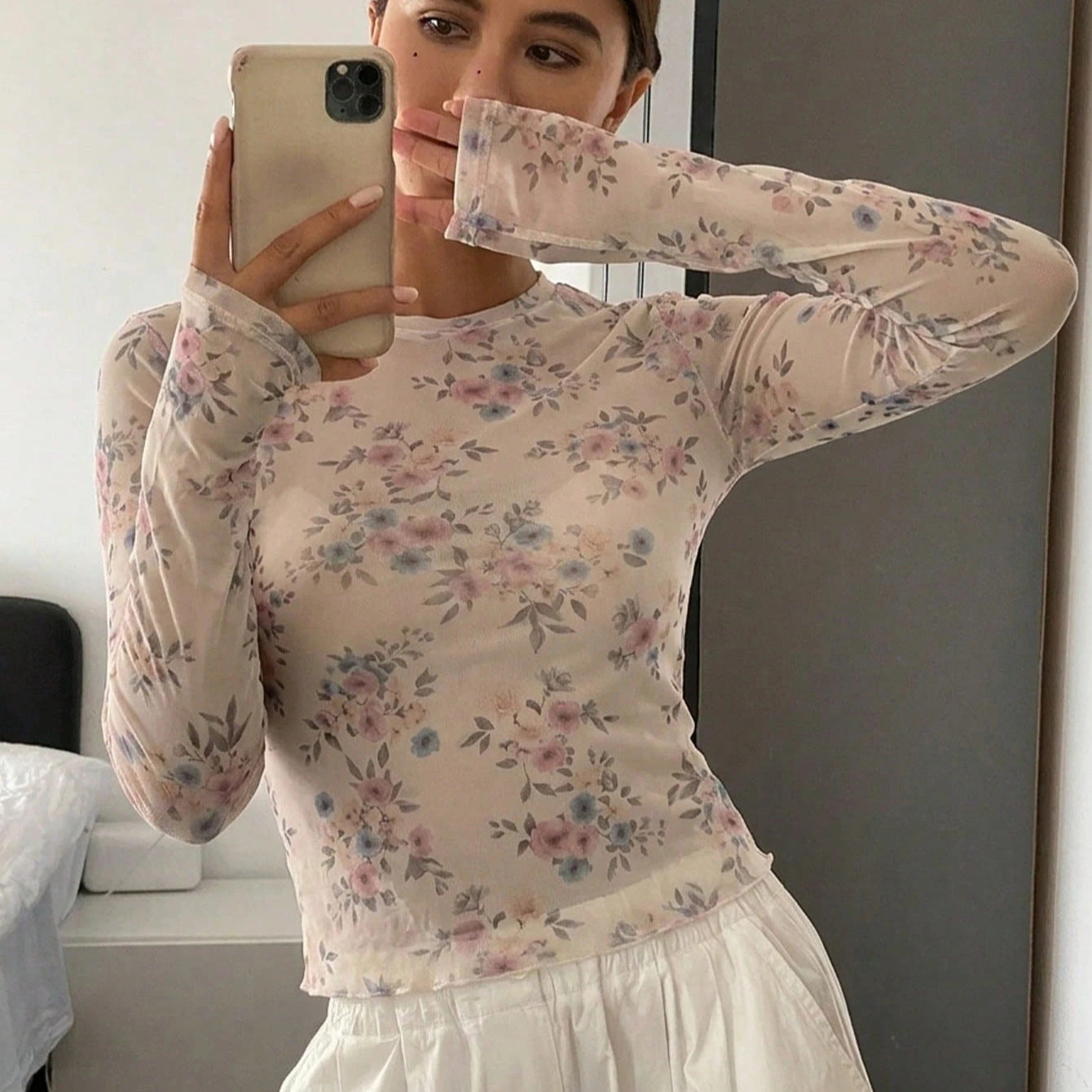 Autumn Printed Long Sleeve Mesh T shirt Top Women Bottoming