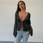 Women's Cardigan T shirt Lace up Loose Satin Top