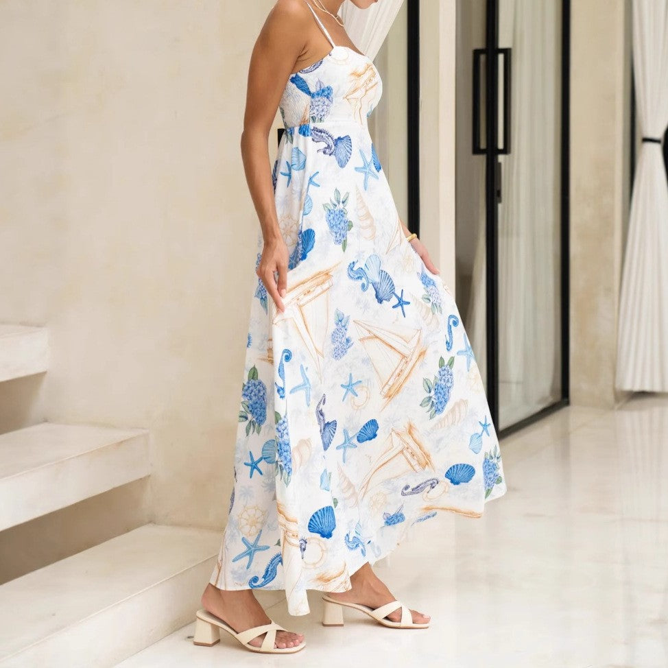 Women's Summer Vacation Nautical Print Casual Sling Maxi Dress