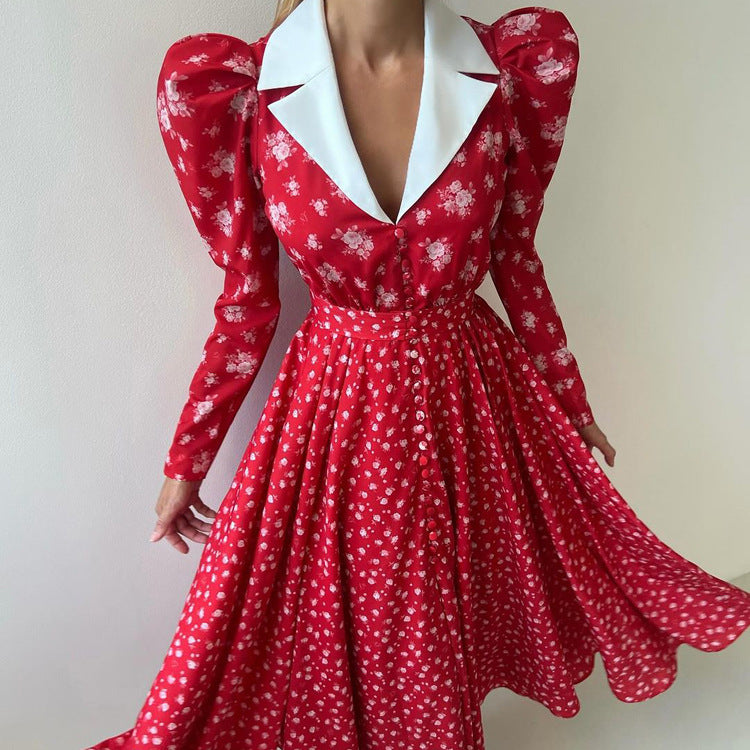 Women's Contrast Color Design Collared Long Sleeve A Line Women Waist Controlled Printed Large Swing Dress