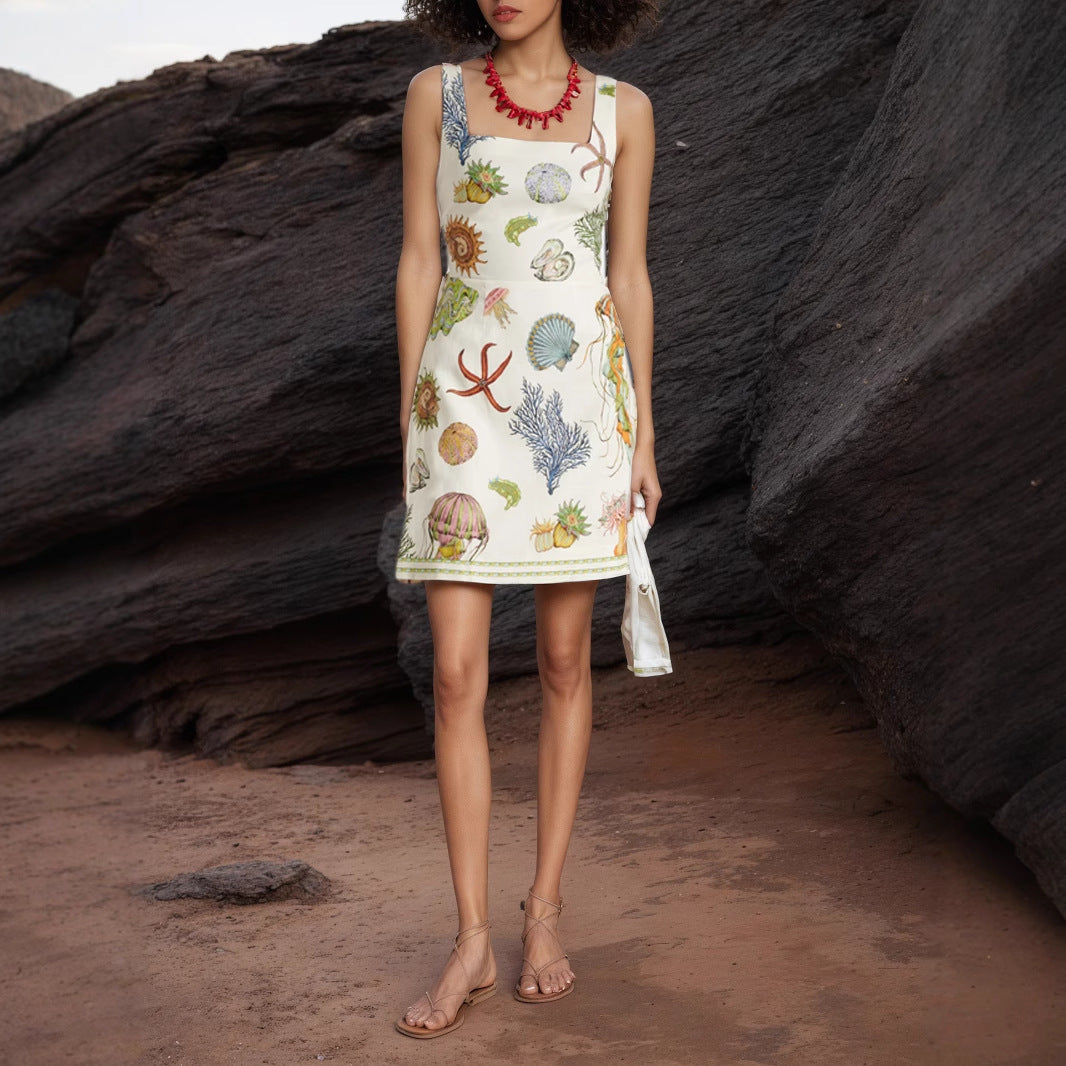 Summer Autumn Backless Print Casual Sling Mini Dress