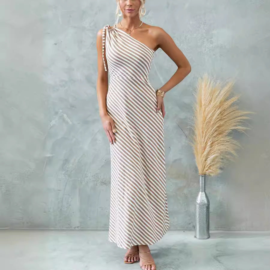 Striped Slim Shoulder Lace-Up Dress