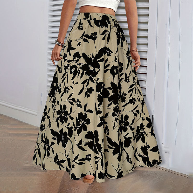Elastic Waist Printed Long A Line Draping Pleated Skirt