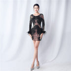 Women's Floral Cut Sequin Long Sleeve Short Evening Dress