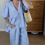 Puff-Sleeve Cardigan & Wide-Leg Pants Set