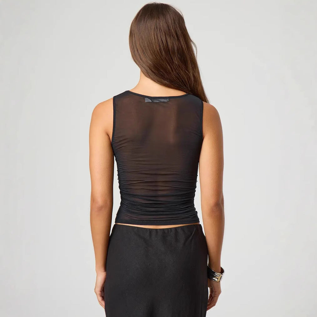 Women's 's Top Solid Color See Through Mesh Bottoming Shirt