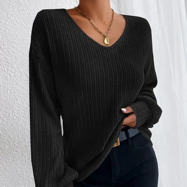 Women's Loose Knitwear V-Neck Drop Shoulder Lantern Sleeve T