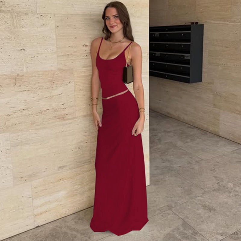 Summer Solid Color Sleeveless Bare Back Vest Skirt Two Piece Set