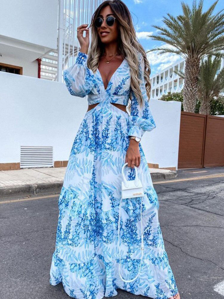 Women's V-Neck Floral Cutout Puff-Sleeve Dress