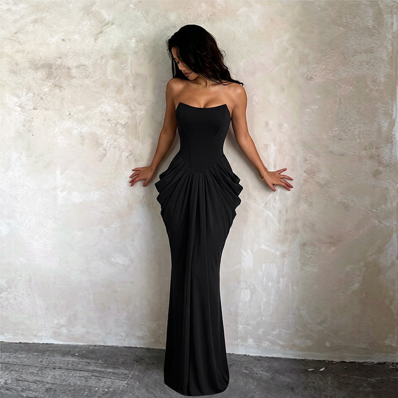 Women's Tube Top Pleated Fishtail Gown Slim Fit Sheath Long The Dinner Party Dress