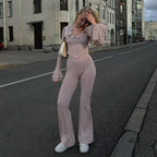 Summer Solid Color Slim Fit Flared Sleeves Lace Two Piece Sets