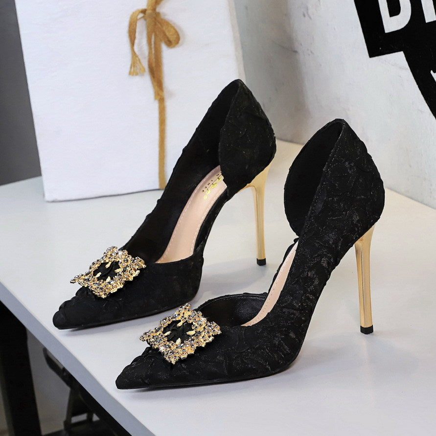 Women's Rhinestone Buckle Satin Wedding Heels