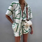 Printing Loose Short Sleeve Shirt Contrast Color Casual Set