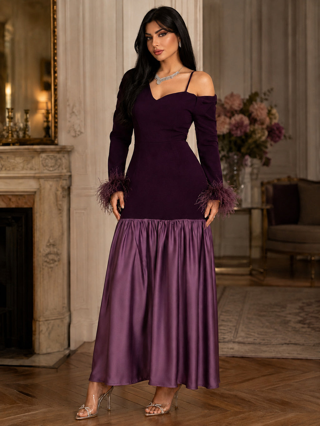 Women's Feather-Trim Prom Evening Dress