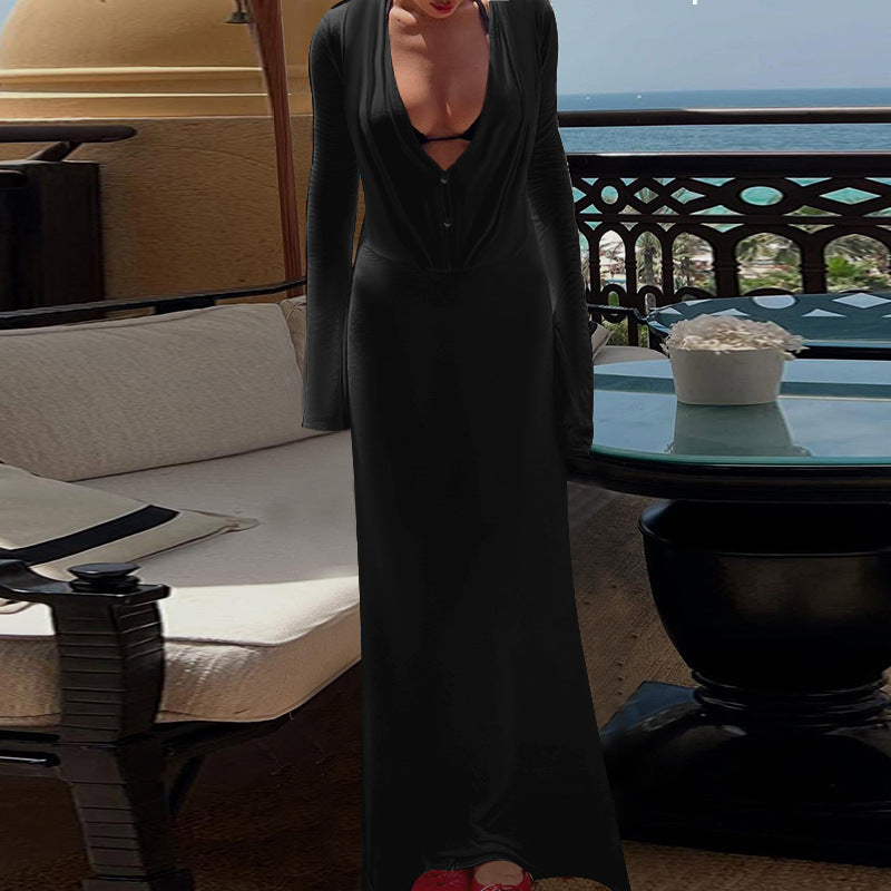 Black Long-Sleeve V-Neck Micro Transparent Dress