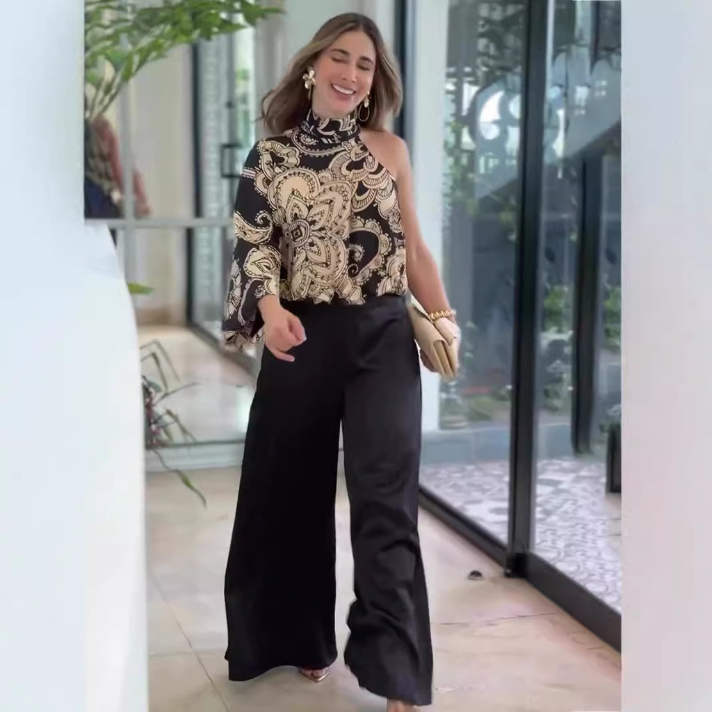 Asymmetric Printed Top & Wide-Leg Pants Two-Piece Set