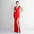 Women's Satin Beaded Long Banquet Slim Fit Evening Dress Elegant Long