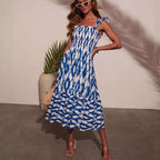 Printed Square Neck Cinched Pleated Spaghetti-Strap A-Line Dress