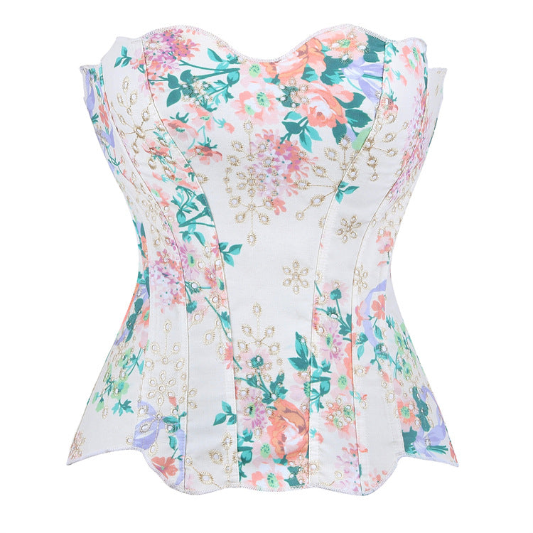 Women's Beige Floral Embroidered Corset Top
