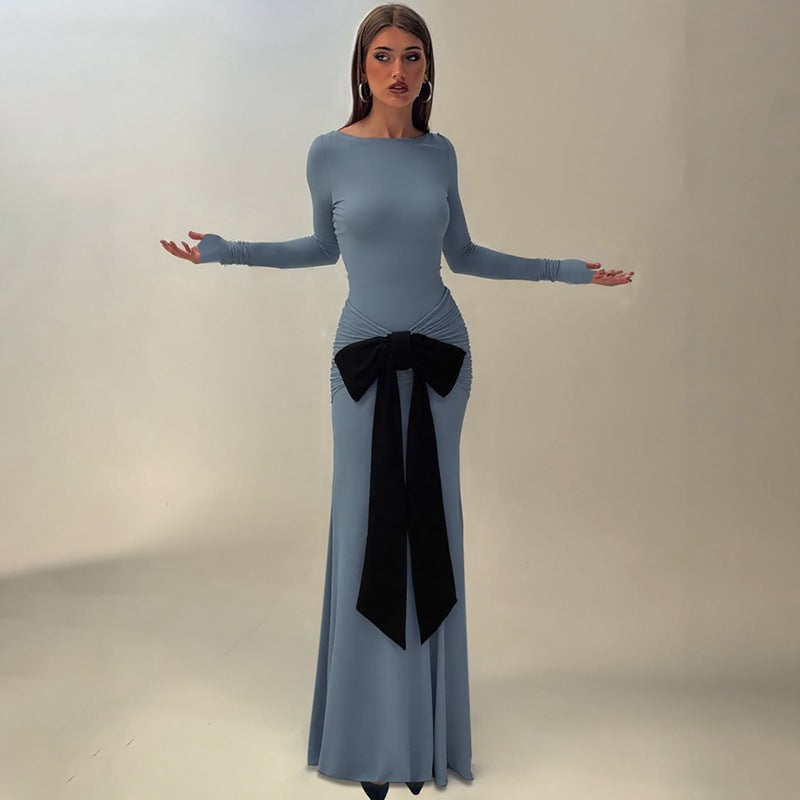Women's Summer Solid Color Pleated Waist Controlled Lace up Long Sleeve Dress