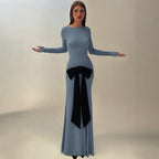 Women's Summer Solid Color Pleated Waist Controlled Lace up Long Sleeve Dress
