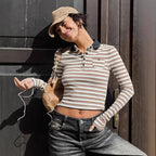 Casual Stripe College Contrast Color Polo Collar Long
