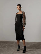 Embroidered Square-Neck Lantern-Sleeve Bodycon Midi Dress